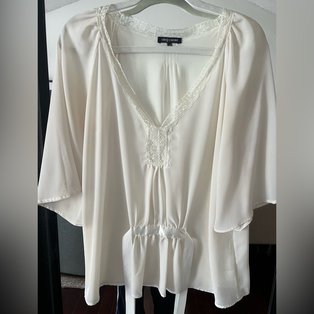 Oleg Cassini Vintage Cream Lace Trim Blouse - 12